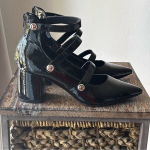 Kenzie Arson Black Patent Leather Triple-Strap Mary Jane Pumps Block Heel Sz. 11
